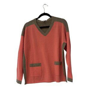 Belford Womens Cashmere Sweater Large Coral Brown Colorblock Long Sleeve NWT
